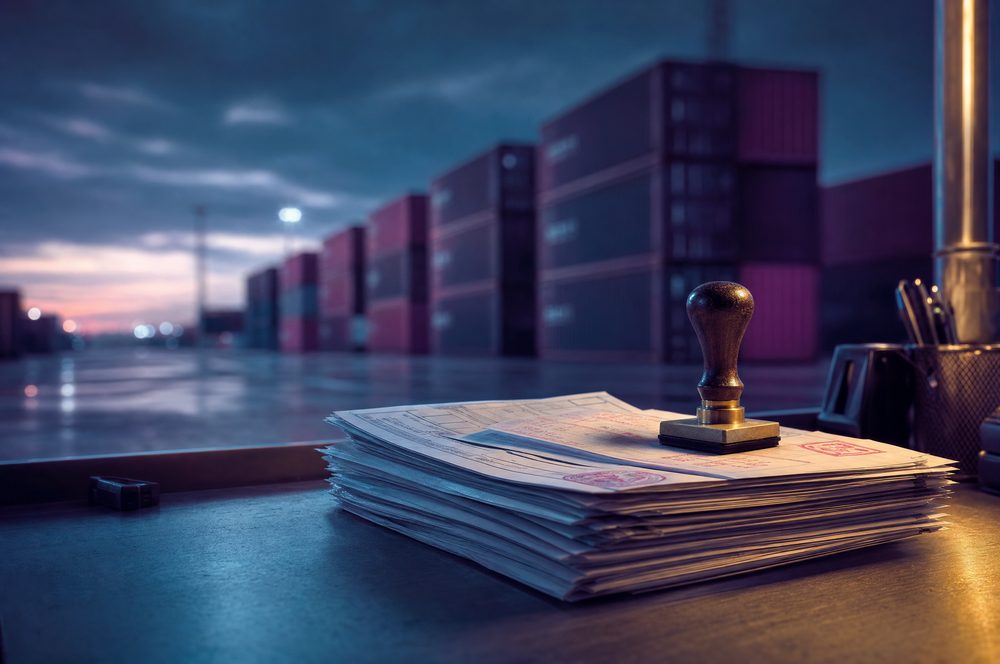 Documentos de importación sellados y un sello oficial sobre un escritorio de acero en un almacén fiscal