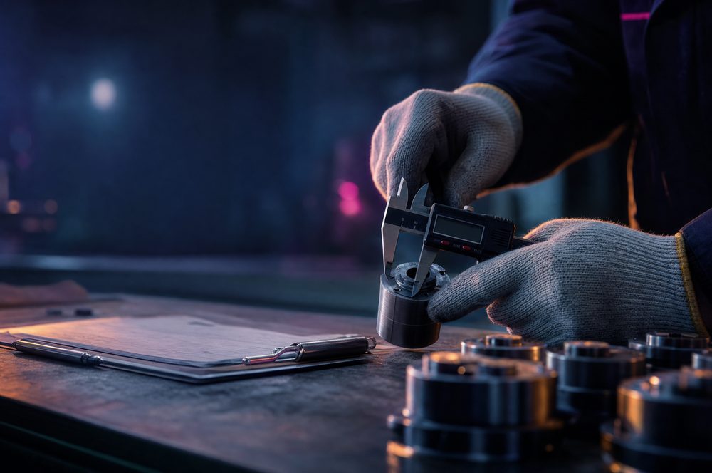 Un inspector midiendo una pieza con un calibrador digital en una mesa de inspección previa al embarque