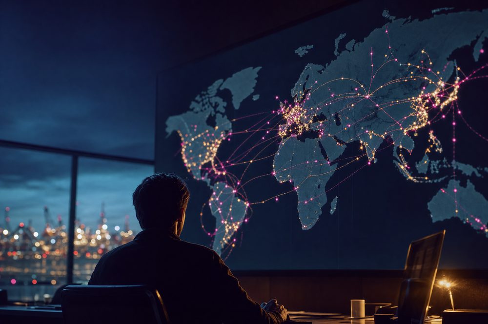 Un planeador logístico observando un mapa de rutas global iluminado en una sala de operaciones